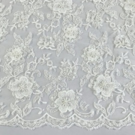 Ornate Beaded Sequin Tulle 3D Flower WHITE